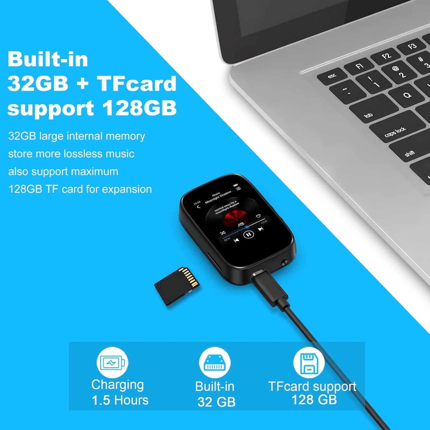QNGEE 32GB Mp3 512GB Player with Bluetooth Sports Clip-on Music Player Support FM Radio Voice Record E-Book Calendar