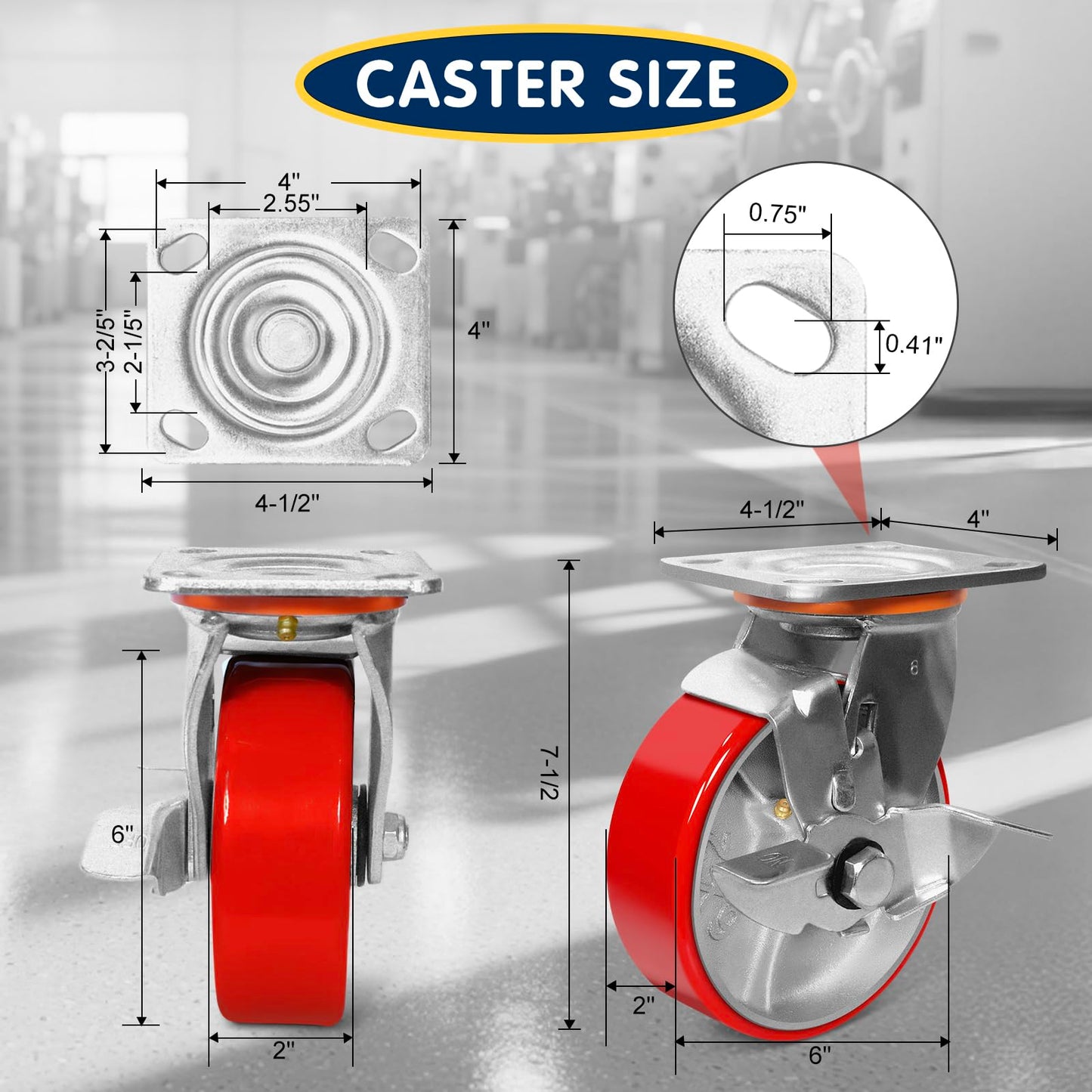 5000 lb Capacity Industrial Caster Wheels with Polyurethane & Cast Iron, Swivel Plate Casters for Platform Trucks, U-Boat Carts, Military Equipment (2 Brake &2 Swivel)