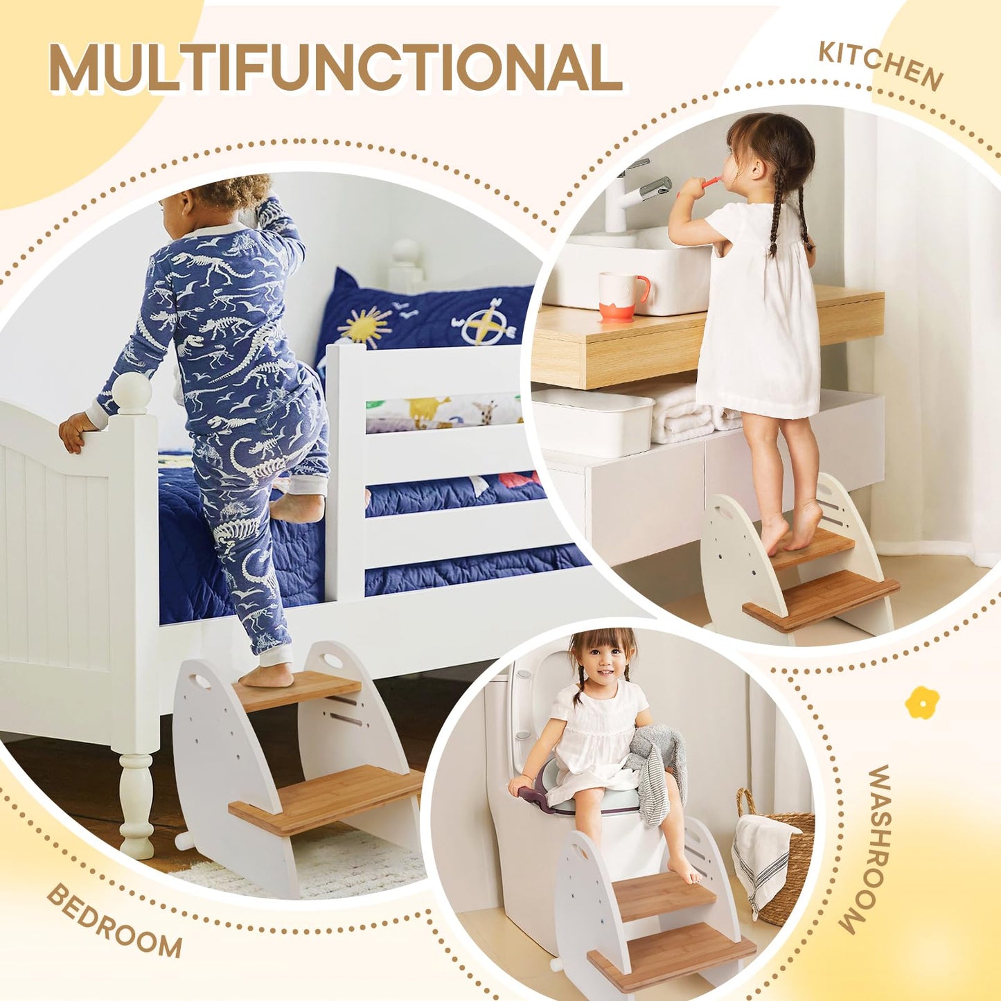 TIKSPCAE Wooden 2 Step Stool for Kids,Toddler Adjustable Triple Height Step Stool,Bamboo Bird-Shaped Design,300lbs Capacity,Ideal for Bathroom,Kitchen,Bedroom