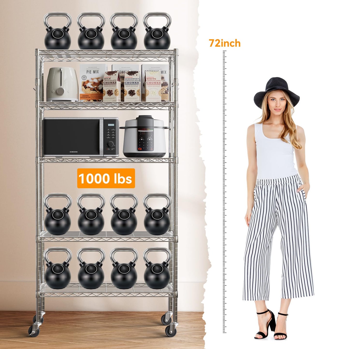 YNN Storage Shelves,1750Lbs 5 Tier Heavy Duty Metal Rolling Shelving Unit with Wheels & 8 Hooks, Adjustable Garage Wire Rack for Kitchen, Bathroom,Industrial,Pantry(36" W x 14" D x 72" H, Chrome)