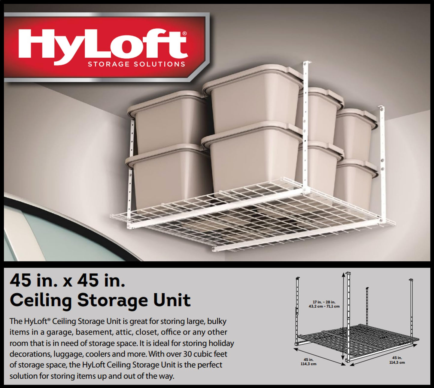 HyLoft Overhead adjustable Garage Storage Rack,Heavy Duty Steel Garage Storage System, 45-Inch x 45-Inch, White