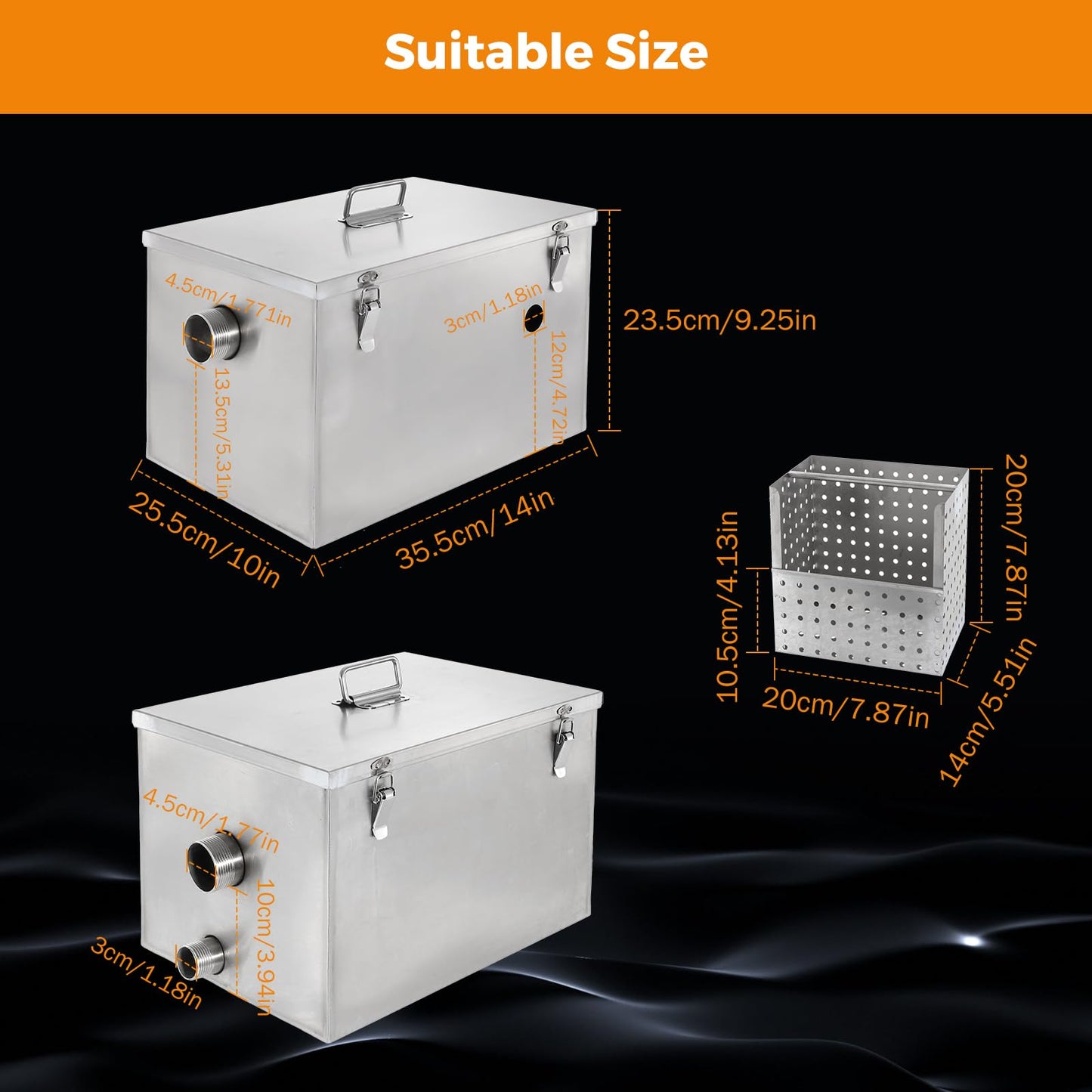 BEAMNOVA Commercial Grease Trap 25lbs + 8lbs Stainless Steel Interceptor, Side Inlet for Restaurant Home Kitchen Tools