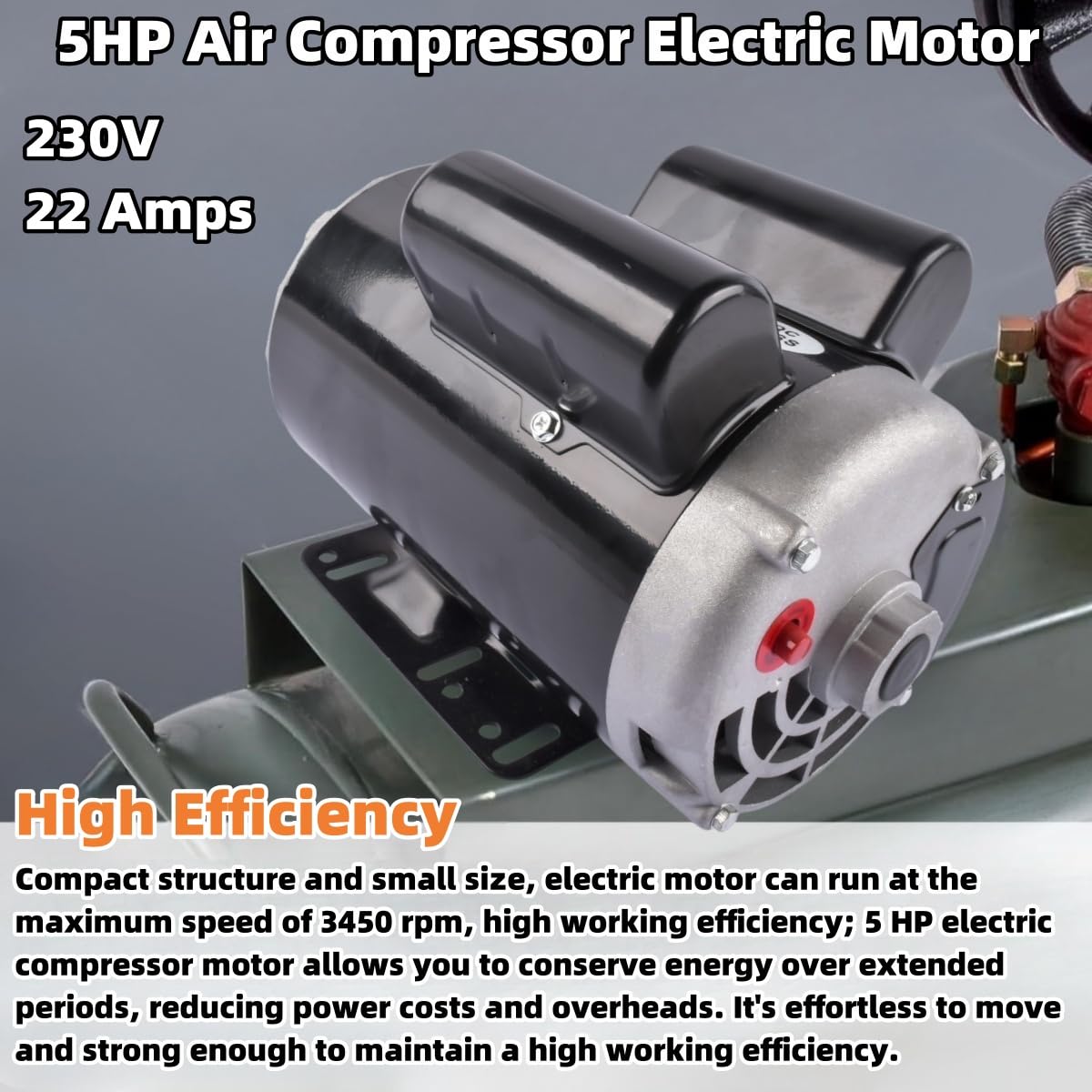 5HP Air Compressor Electric Motor, 230V 22 Amps Electric Motor, 3450RPM 56HZ Frame, 7/8" Keyed Shaft, CCW Rotation 2.25" Shaft Length for Air Compressors Vahaha