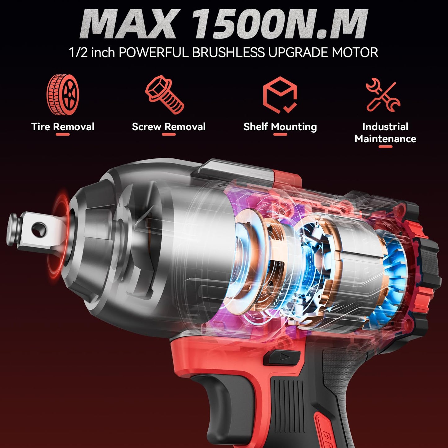 kelyee Cordless Impact Wrench 1107Ft-lbs(1500N.m), Brushless High Torque 1/2 Impact Gun with 21V 2x4.0Ah Battery, 3-Mode Speed, Electric Impact Driver with 4 Socket for Home Car Pickup Truck RV Mower