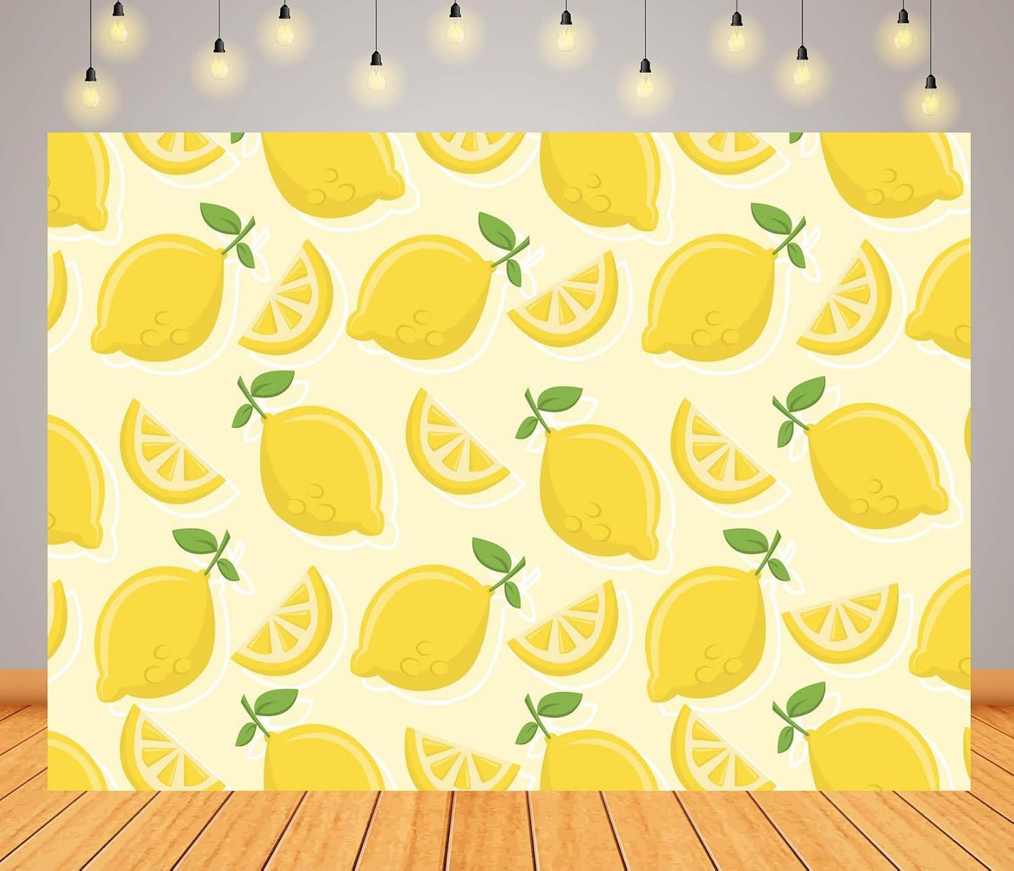 CORFOTO 9x6ft Summer Fabric Lemon Pattern Backdrop Yellow Lemons Slices Green Leaves Citrus Pattern Photography