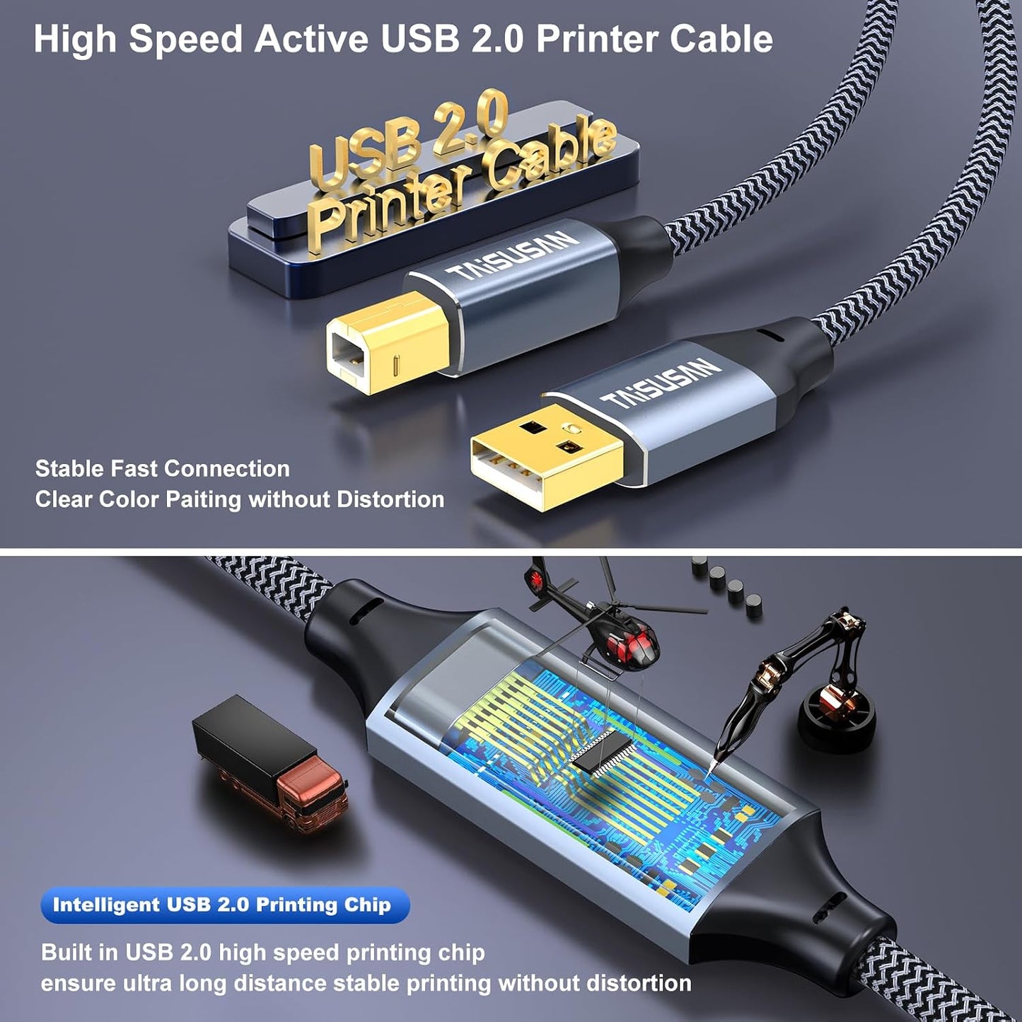 40ft, USB Printer Cable High Speed A to B Cord Compatible for Keyboard, MacBook, Printers and Scanners - Gray