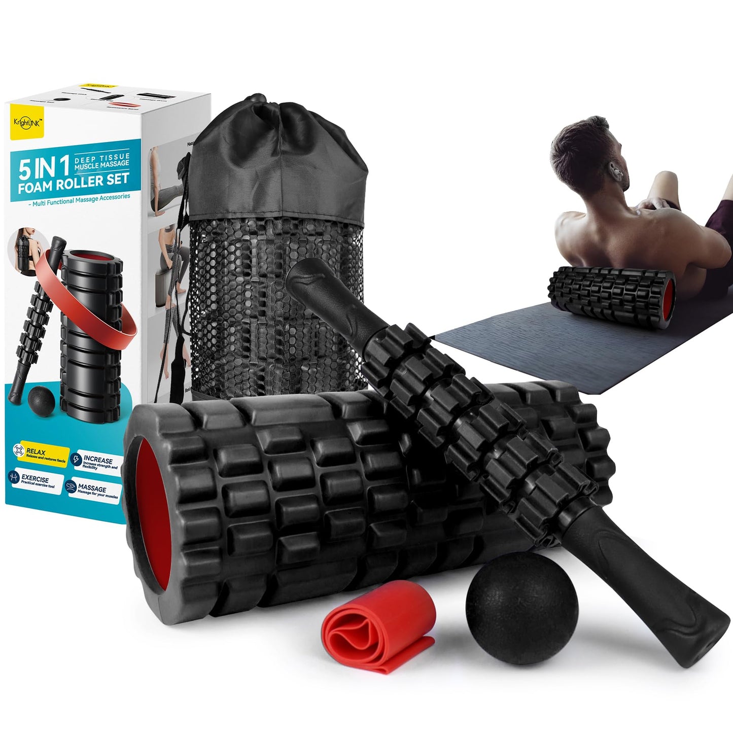 Krightlink 5-in-1 Foam Roller Set - Deep Tissue Muscle Recovery Kit with High Density Exercise Roller, Massage Ball, Resistance Band & Carry Bag for Physical Therapy & Pain Relief (Black)