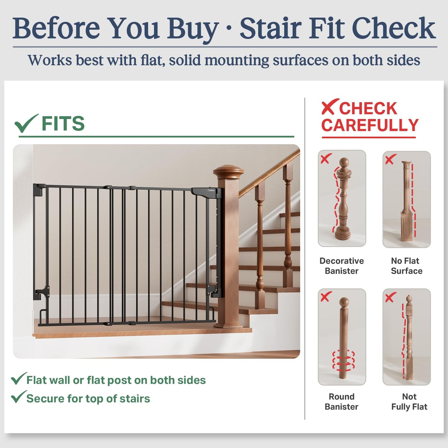 Cumbor 29.2–43" Baby Gate for Stairs, Hardware Mounted (Drill Required), Expandable No Bottom Bar Dog Gate, Auto Close Extra Wide Walk Thru, Pet & Toddler Proof Gate, Top & Bottom of Stairways(Black)