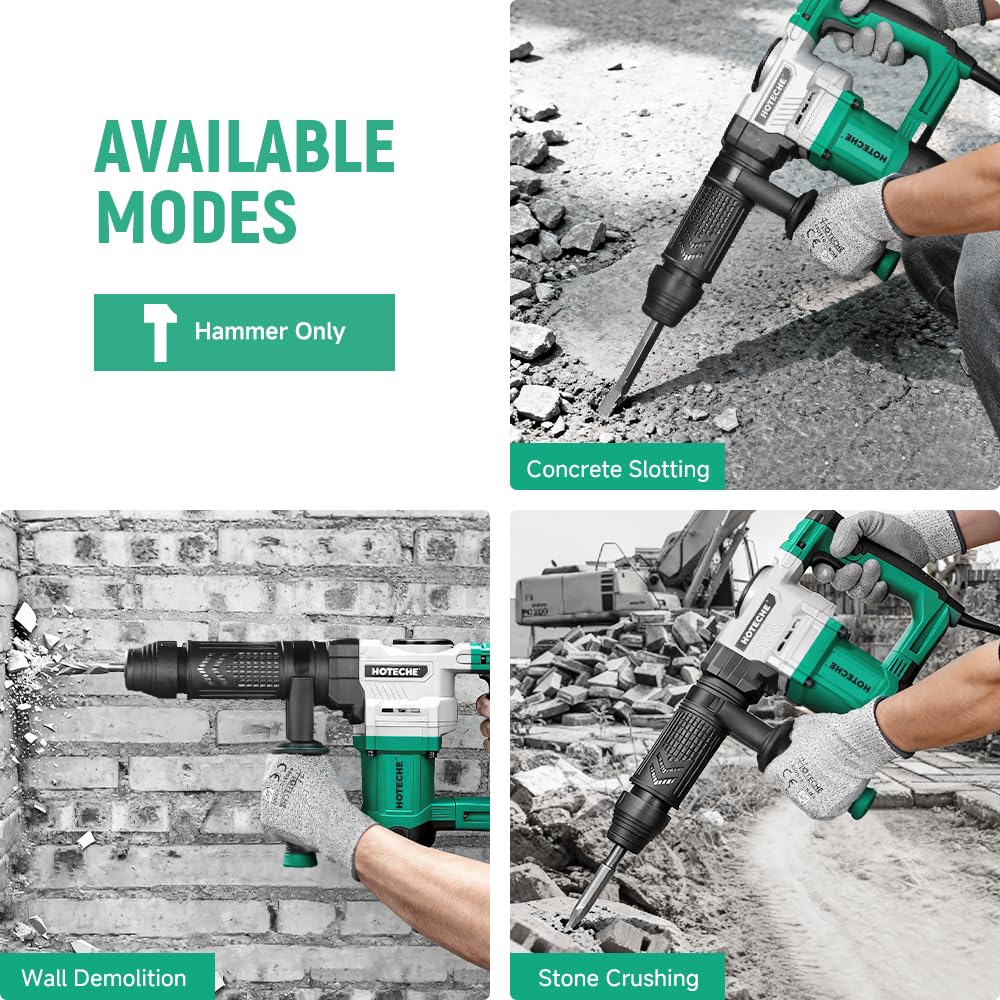 Hoteche 1050W Demolition Hammer, 15J Impact Force Jack Hammer with 4000/min Impact Frequency, Green, Color Box + Plastic Case Packaging