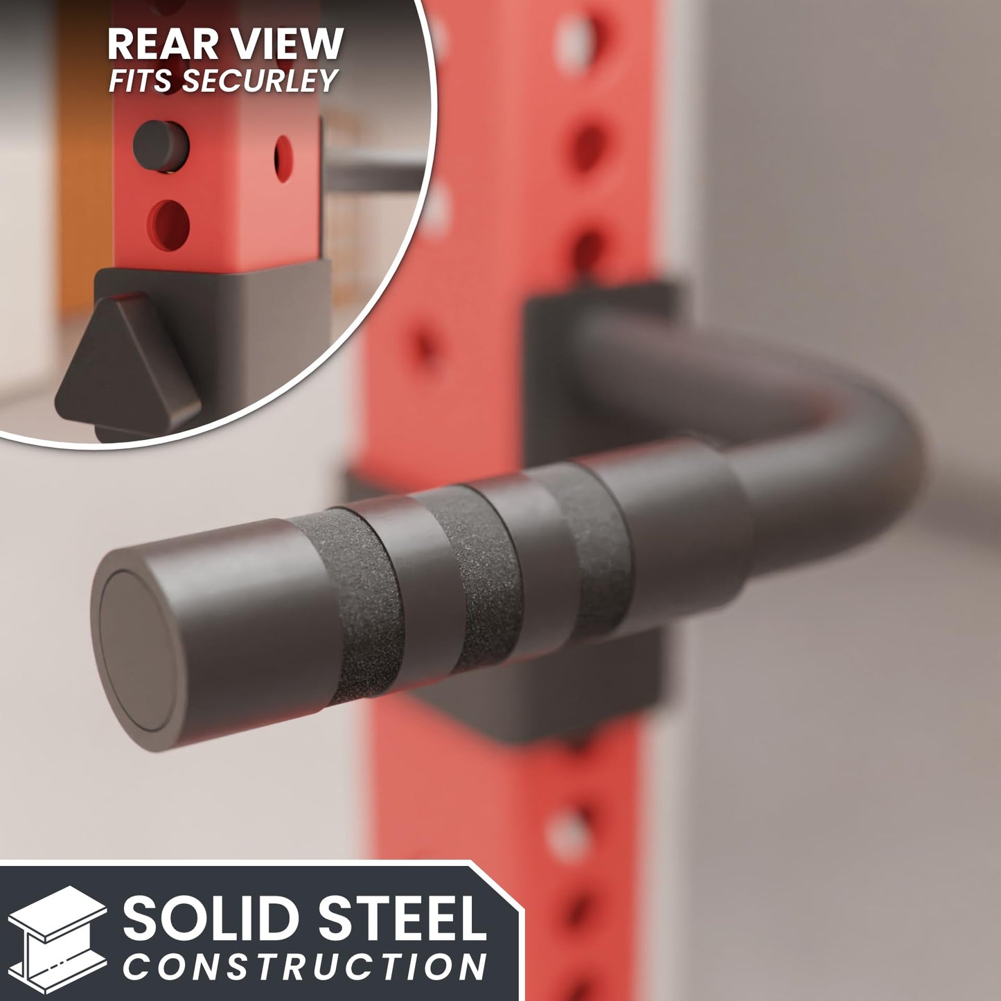 Synergee Dip Handles for 2x3 Power and Squat Racks, Dip Stand Fits Racks with 5/8" Holes. Rack-Mounted Dip Bar Attachment for Dips, Leg Raises, and Knee Tucks.