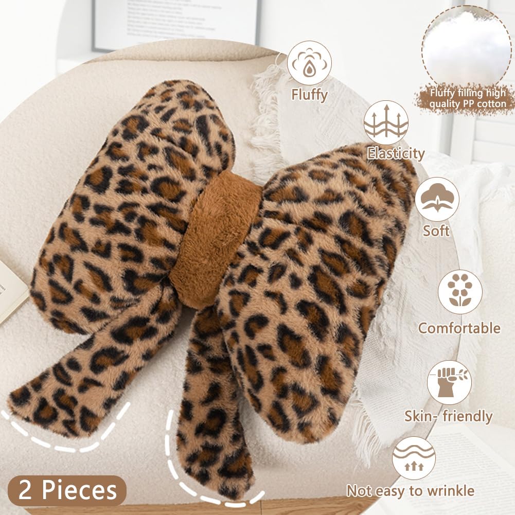 GKWW 2Pcs Leopard Print Bow Throw Pillow Furry Bow Plush Pillows Cute Flower Plush Pillow Cheetah Home Decor Stuffed Bow Lumbar Pillow for Bed Couch Living Room Decor (Brown, 16in Bowknot)