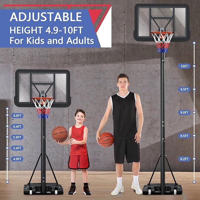 Portable Basketball Hoop Outdoor, Adjustable Height 5.5-10FT Basketball Goal with Heavy-Duty Steel Frame & Wheels