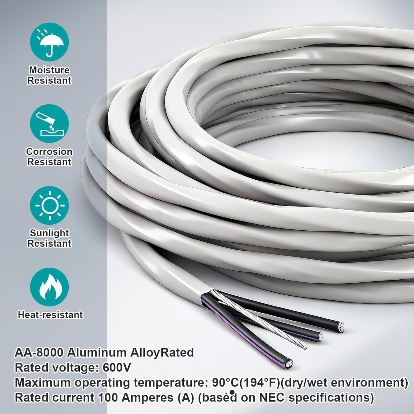 FairySandy 100' 1-1-1-3 SER Aluminum Service Entrance Cable 600V, 100 Amp, XHHW-2 Insulation, Gray PVC Jacket, 1-1-1-3 Aluminum Wire for Mobile Homes