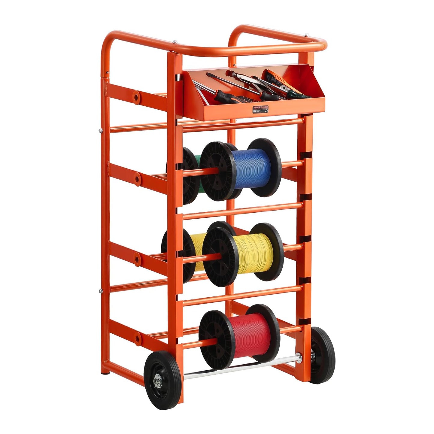VEVOR Wire Spool Rack, 11 Rods, Multi-Spool Wire Rack Dispenser, Cable Caddy with Wheels, Cable Holder with Storage Tray for Wiring Storage, for Electrical, Industrial & Retail Use, Working Efficiency