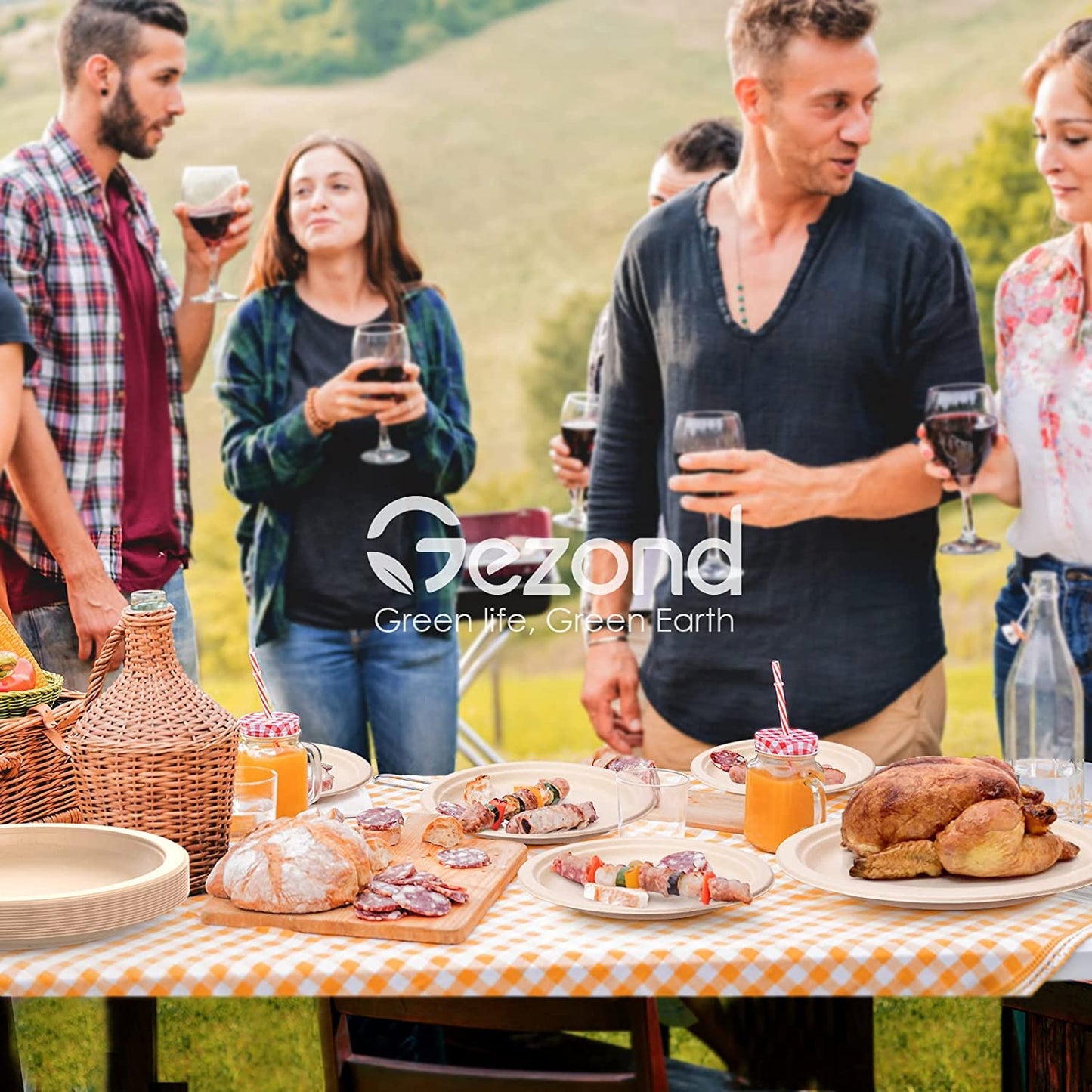 Gezond 100% Compostable Plates, Paper Plates 10 Inch 125 Pack Disposable Heavy-duty Plate Biodegradable Sugarcane Bagasse Plate for Party Picnic (Natural)