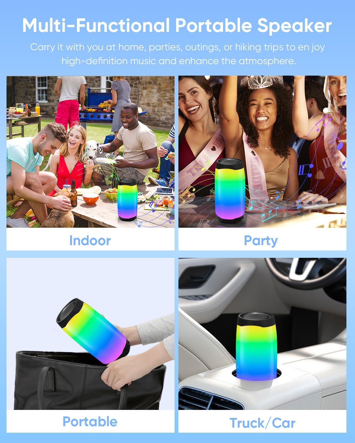 THROLX Portable Bluetooth Speaker with LED Color Changing Lights, TWS Function, TF Card/USB/AUX Support, HD Stereo