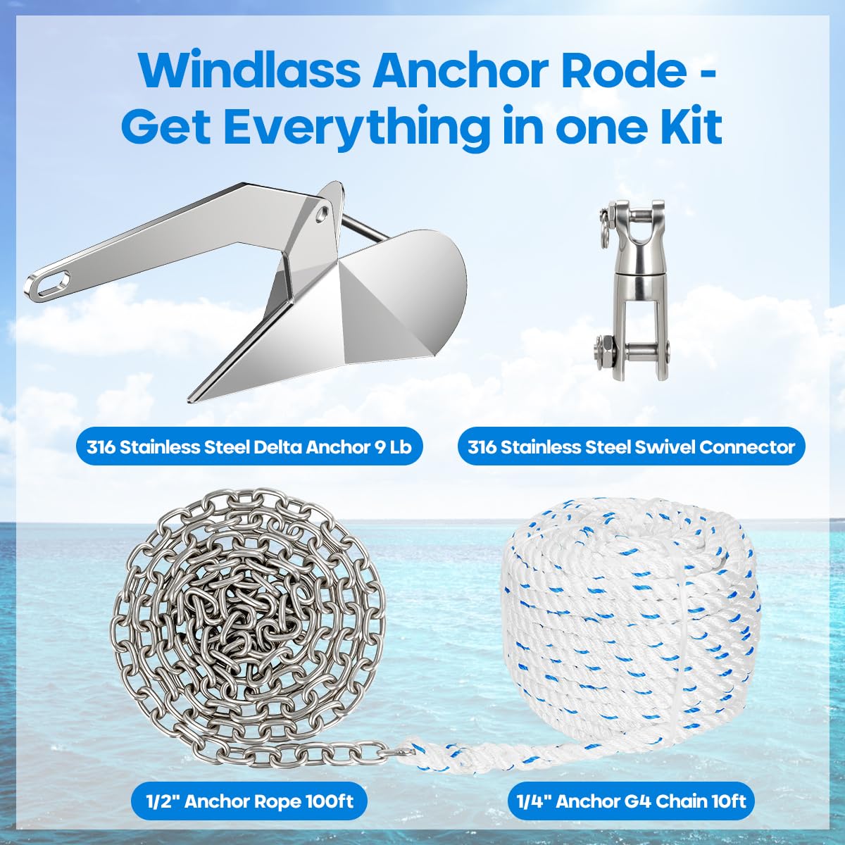 FUCNEN Boat Anchor Kit - 9 Lb 316 Stainless Steel Delta Anchor, 1/2" Anchor Rope 100ft,1/4" G4 Marine Anchor Chain 10ft & Swivel Connector,Windlass Anchor Rode-Rope/Chain for Boat Anchor System