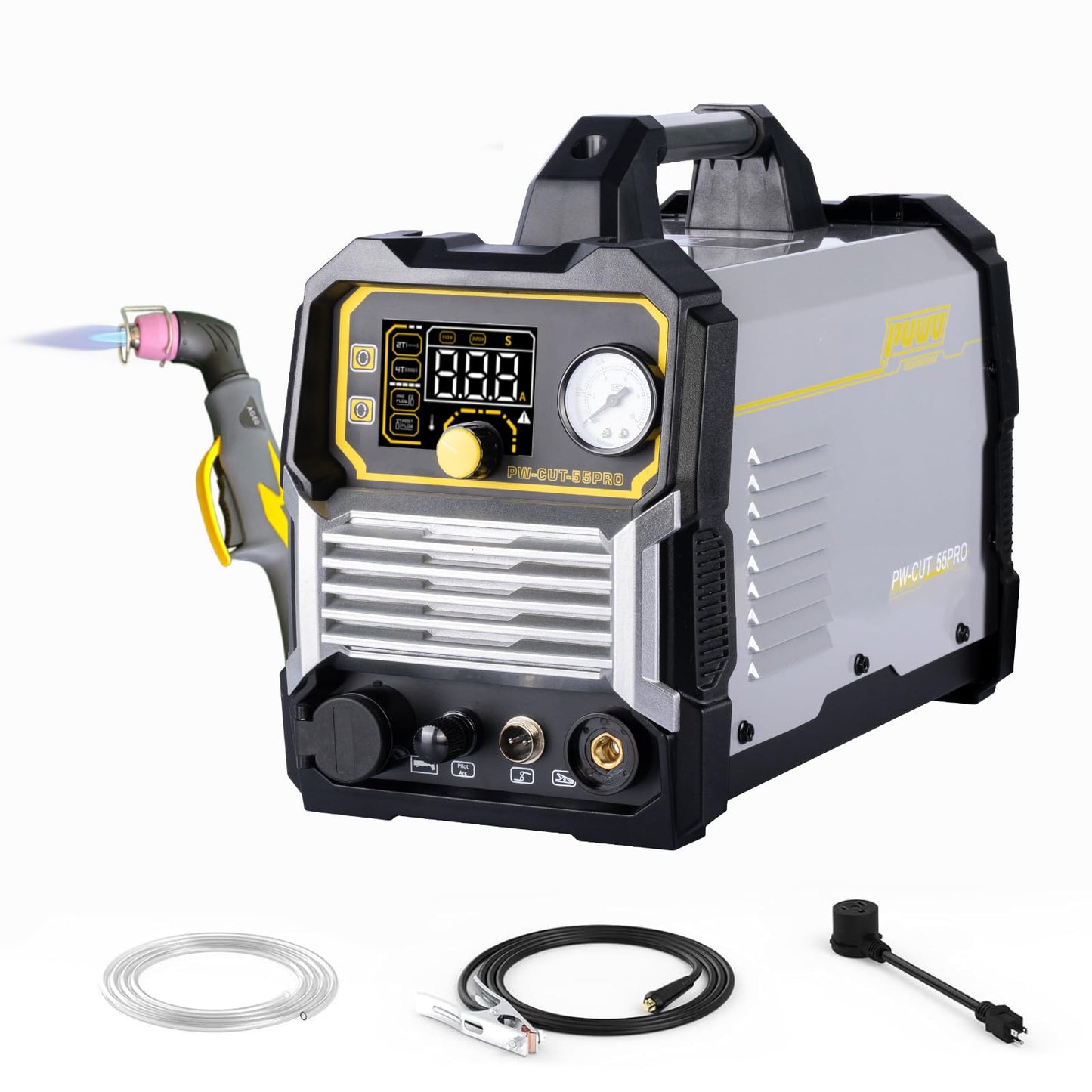 PUWU Plasma Cutter 55Amp High Frequency Non-Touch Pilot Arc,Digital Display IGBT Inverter 110/220V Dual Voltage Blowback Plasma Cutting Machine,2T/4T，5/8” Clean Cutting Thickness，PA/PT Adjustable