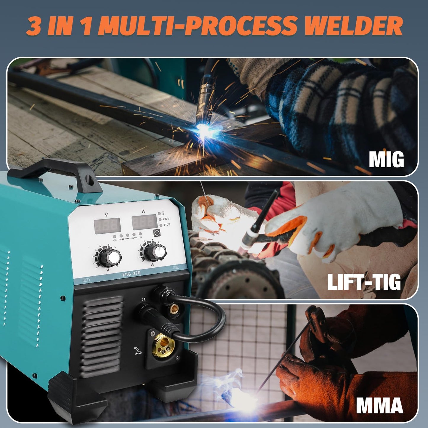 270Amp MIG Welder, 220V Flux Core,Gas, IGBT Inverter, Torch and 2lb Solid Welding Wire, Digital MIG Welder/Lift TIG/Stick 3 in 1 Welding Machine for Steel Welding, Car Repair, Building Works