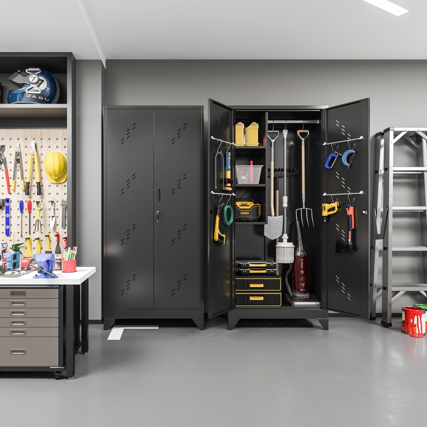 ZONLESON Metal Storage Cabinet, 75" Tall Garage Storage, Utility Cabinet for Brooms and Mops, Metal Locker with Hanging Rod for Garage, Home, Office, Laundry Room, School, Gym, Warehouses, Black