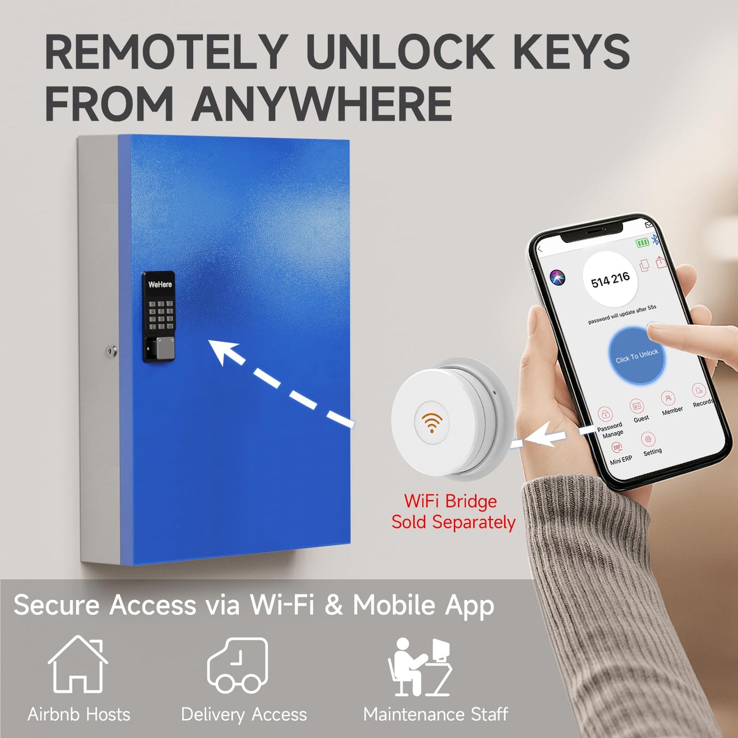 WeHere 192-Key Smart Key Lock Box, Wall-Mount Key Cabinet with Key Management App(Track Key Borrow/Return), Keypad, Bluetooth & WiFi Unlock (Sold Separately) for Commercial, School, Rental, Office