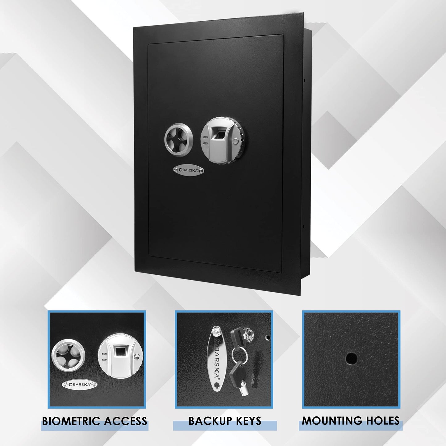 Barska Biometric Fingerprint Steel Wall Safe with Adjustable Shelves – DOJ Certified with Pry-Resistant Deadbolts, Mountable for Home, Office, and Business Use