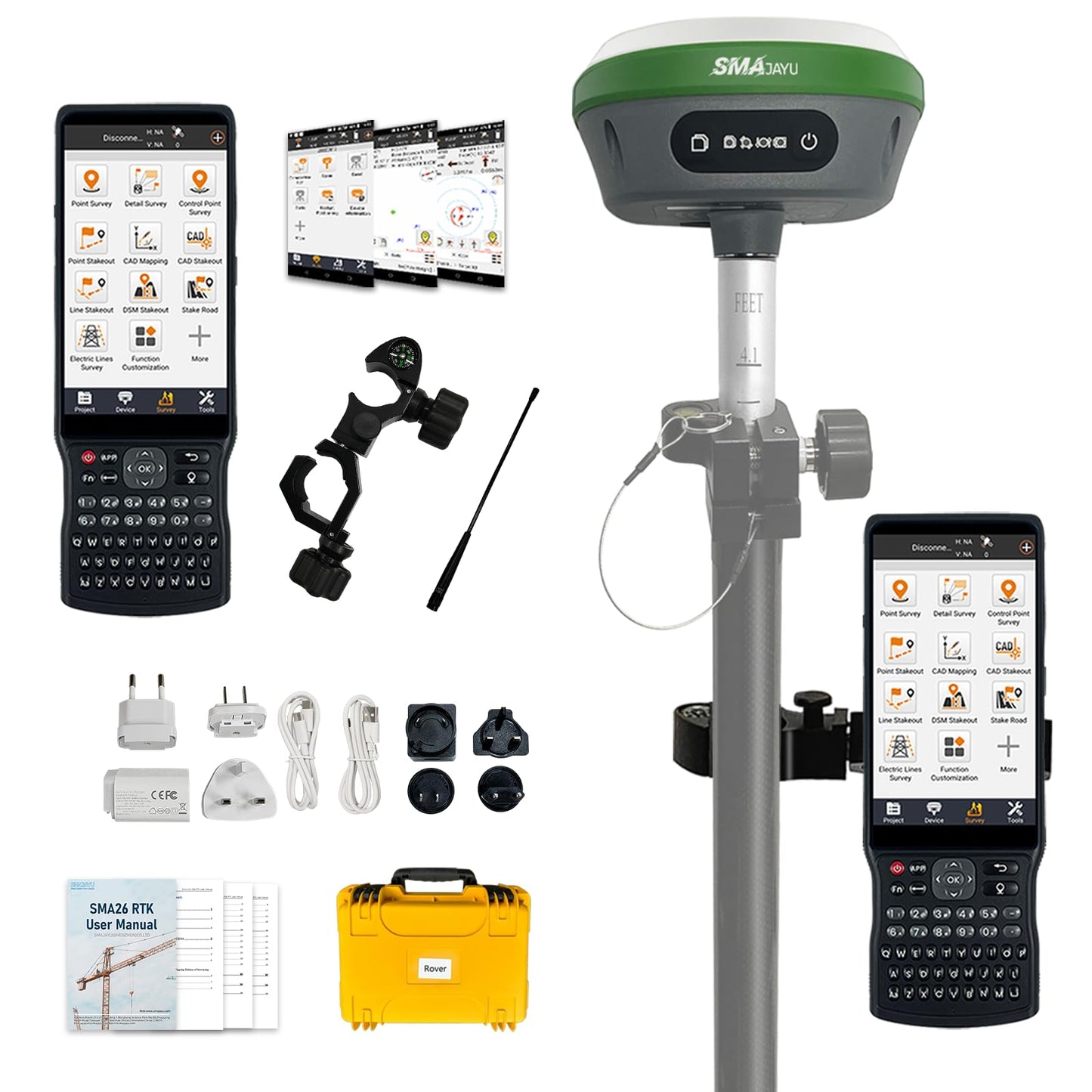 RTK GNSS Surveying Equipment Switchable Rover 32G Storage | Handheld Collector + Survey Software | Work as Base Station for Drones | Static & RTK Land Survey | SMA26 Pro(Pole Not Included)