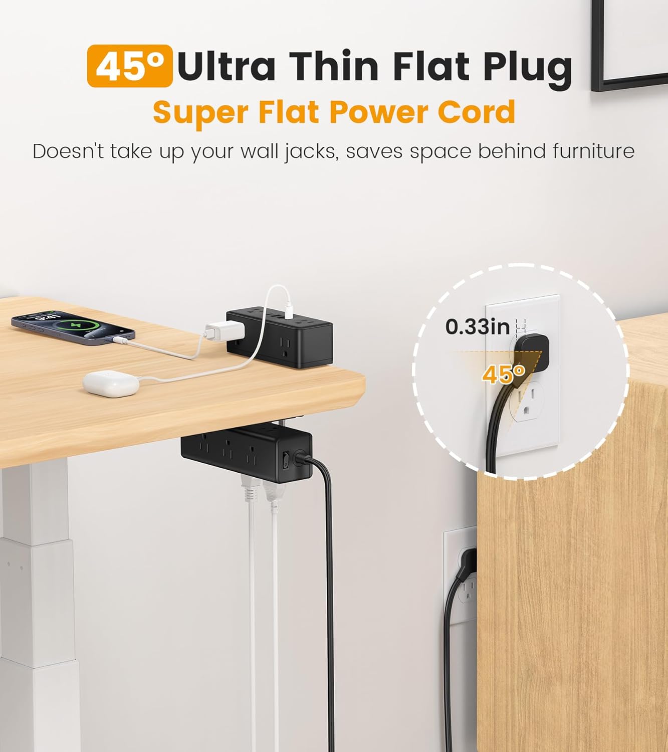 VILONG 4 Ports(20W 15 5FT Dual Layer Desk Clamp Power Strip with USB USB-C) & AC Outlets, Desktop Edge Mount Surge