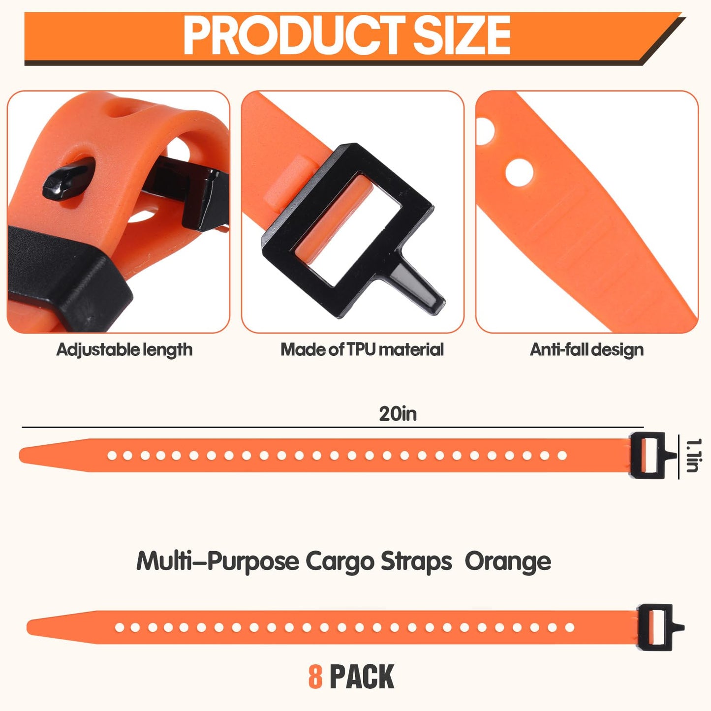 Blulu 8 Pack Reusable Industrial Straps 20" Length Reliable Tension Straps for Securing Bike Motor Gear -70 Lb. Working Load, Elastic Cable Ties for Welders Skis, Garden Hoses (Orange)