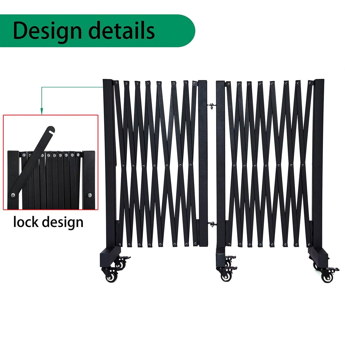LTSEAME 16.5FT Expandable Barricade Gate, Expandable Metal Barricade Gate Alloy Fence and 270 Degrees Direction Adjustment with Wheels, for Industrial or Residential Use (Black, 16.5FT)