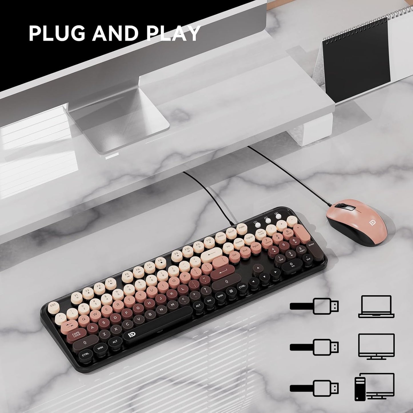 FOPETT 8870P 104 Wired Keyboard and Mouse Combo - Full-Sized Computer Keyboards with Round Keys Retro Typewriter Mouse