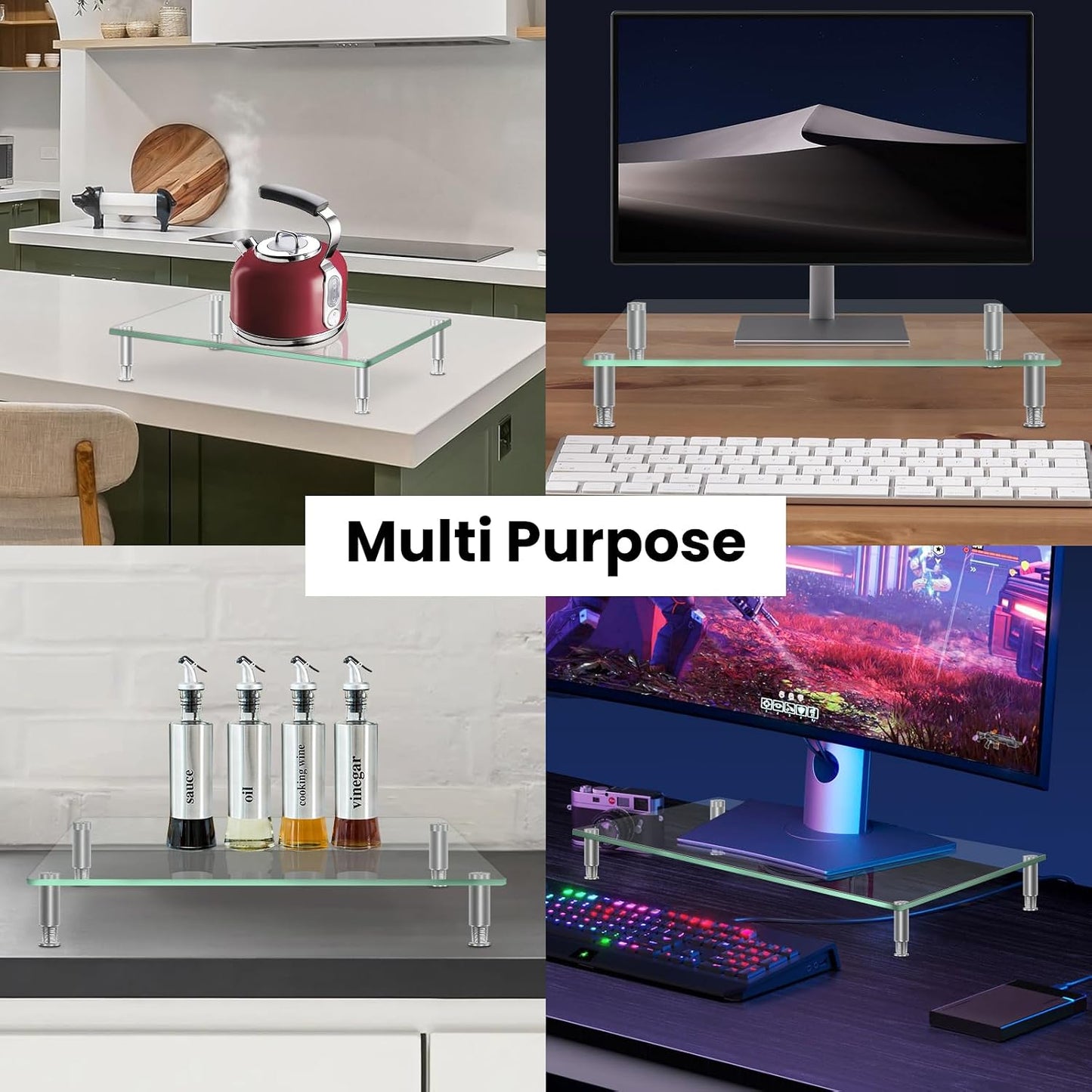 VSAR House 2Pcs, 15L x9.45W x3.75H Inches Tempered Glass Monitor Riser with Height Adjustable, Clear Computer Monitor
