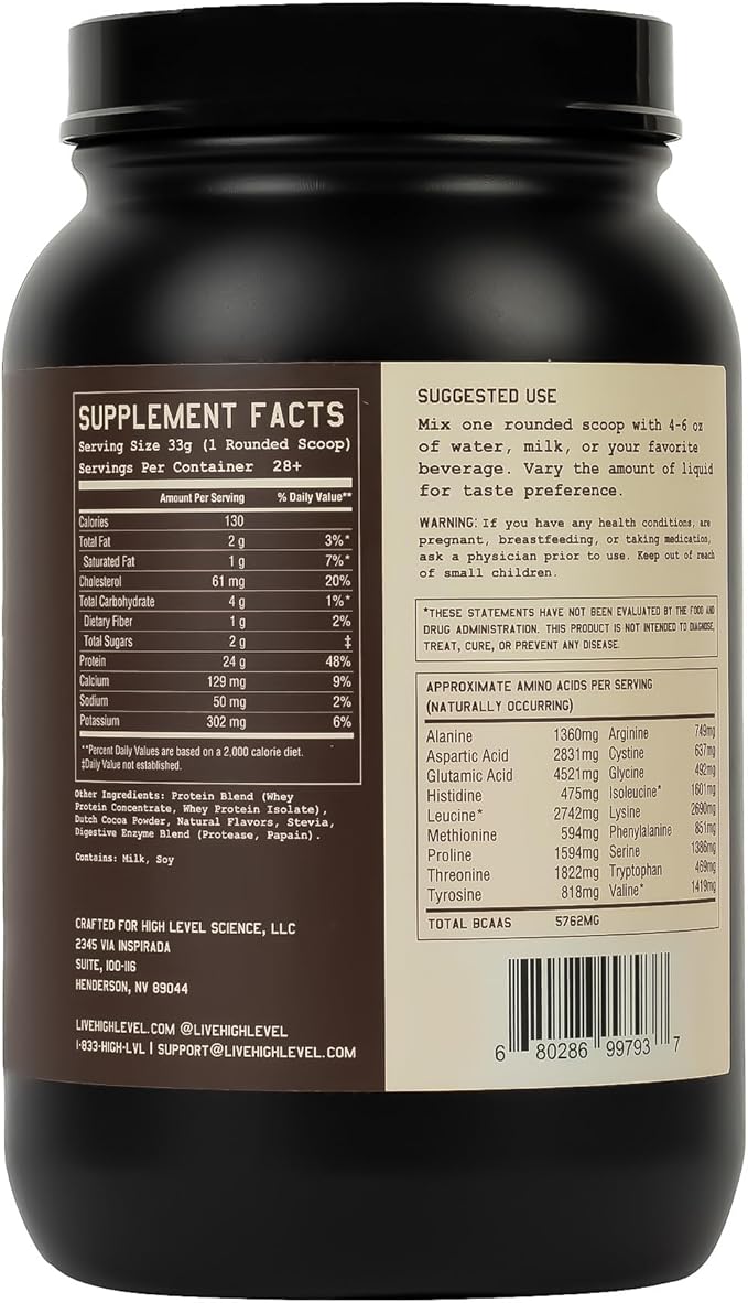 High Level Whey Protein Powder Stevia Sweetened, Natural Chocolate Shake, 24g Protein, Ultra Filtered Non-GMO, Digestive Enzymes, Gluten Free, ?‹白ç²? 2 lb, Whey Protein with Stevia