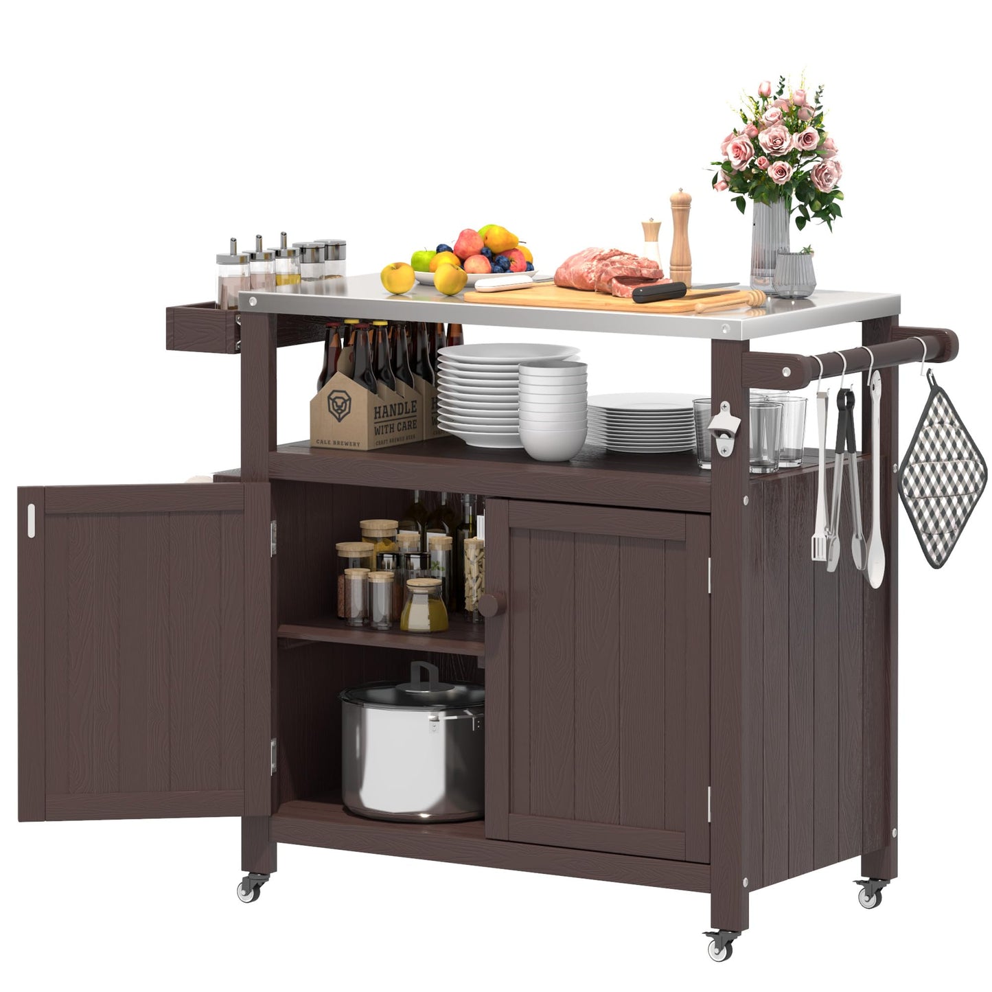 Sunnibety Weatherproof HIPS Outdoor Kitchen Island with Stainless Steel Top & Storage Cabinet, Movable Prep Table with Wheels for BBQ Food Prep, Outdoor Grill Cart for Parties, Brown