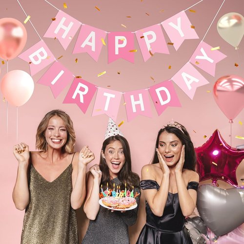 Happy Birthday Banner - Pre-Strung Party Decoration for All Ages | Pink Hanging Sign