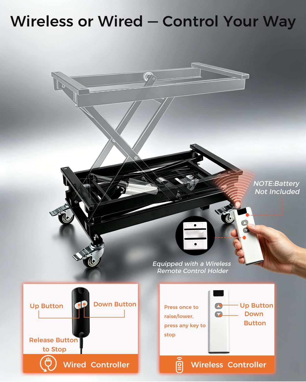 Electric Scissor Lift Table 440LBS Capacity with 4 Wheels, 7.1-26 in Adjustable Height Lifting Platform with Wired/Wireless Remote, for DIY Working Platform, Desk, Material Handling