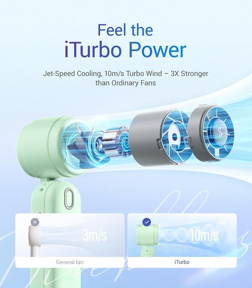 Diveblues Mini Portable Turbo Fan - 30ft/s Cooling Power | 12H Battery Life, 4000mAh, 3-in-1 Handheld/Neck/Desk Fan