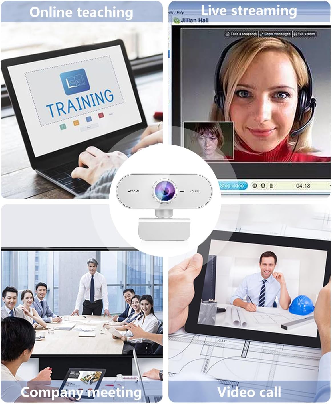 QMKKX 1080P Webcam for pc with Microphone,Full HD White Streaming Web Cam for Mac Laptop, Mini USB C External Clip