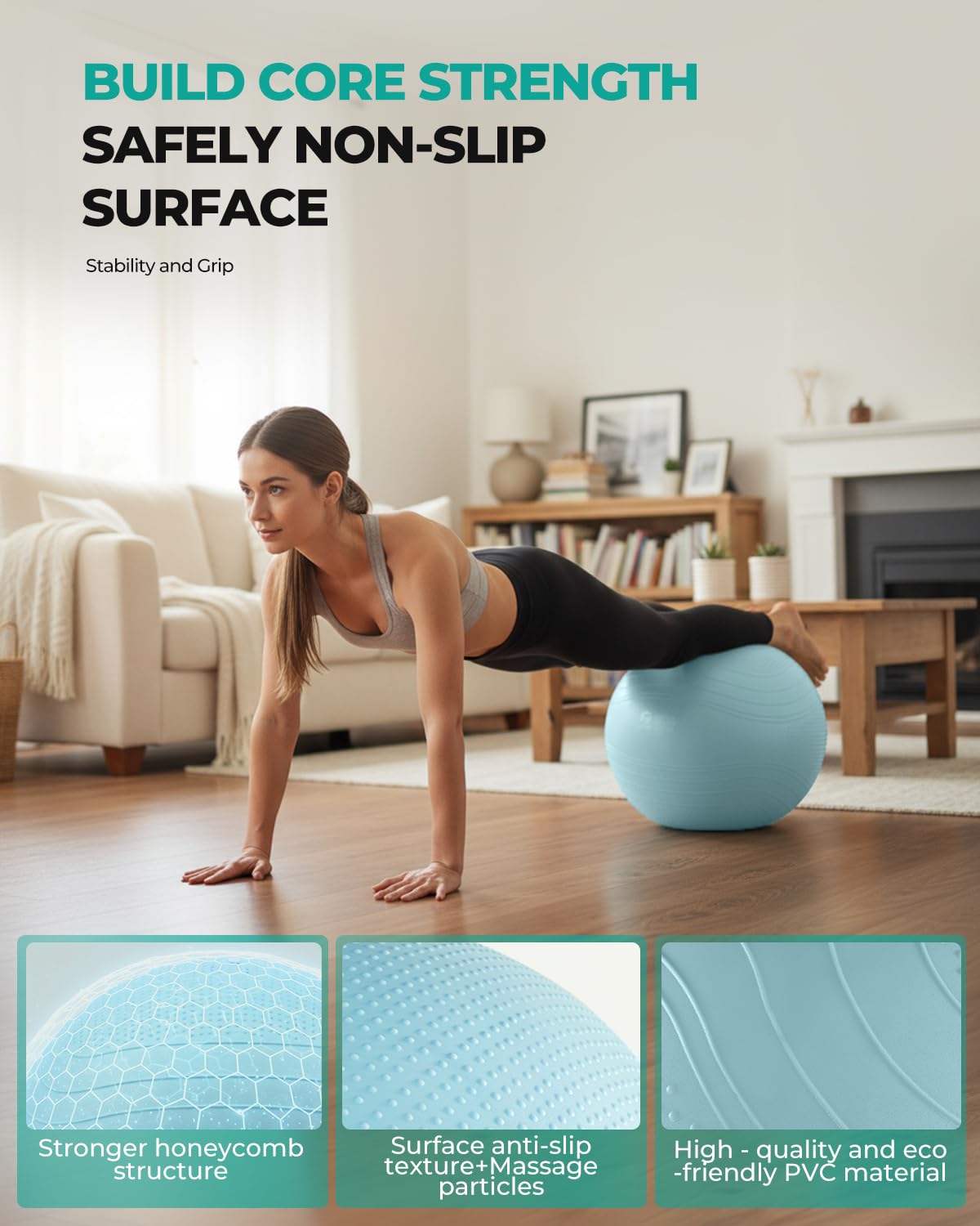 Gruper Yoga Ball, Extra Thick Exercise Ball for Workout Pregnancy Stability - 4 Sizes Anti Burst Balance Ball for Yoga, Pilates, Fitness, Birthing, Physical Therapy - Includes Pump