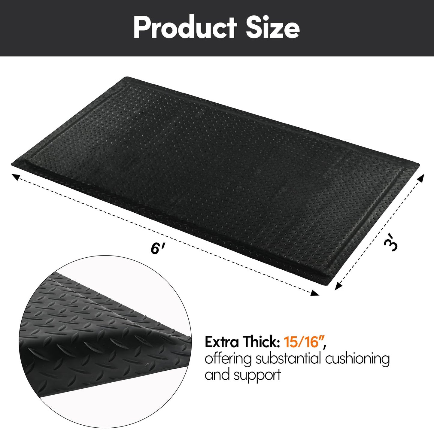 Nisorpa Anti Fatigue Mats Industrial 3' x 6' Ergonomic Standing Mat 15/16" Extra Thick Shop Floor Mat Kitchen Mats Heavy Duty Commercial Diamond Plate Support for Leg & Back Pain, Black
