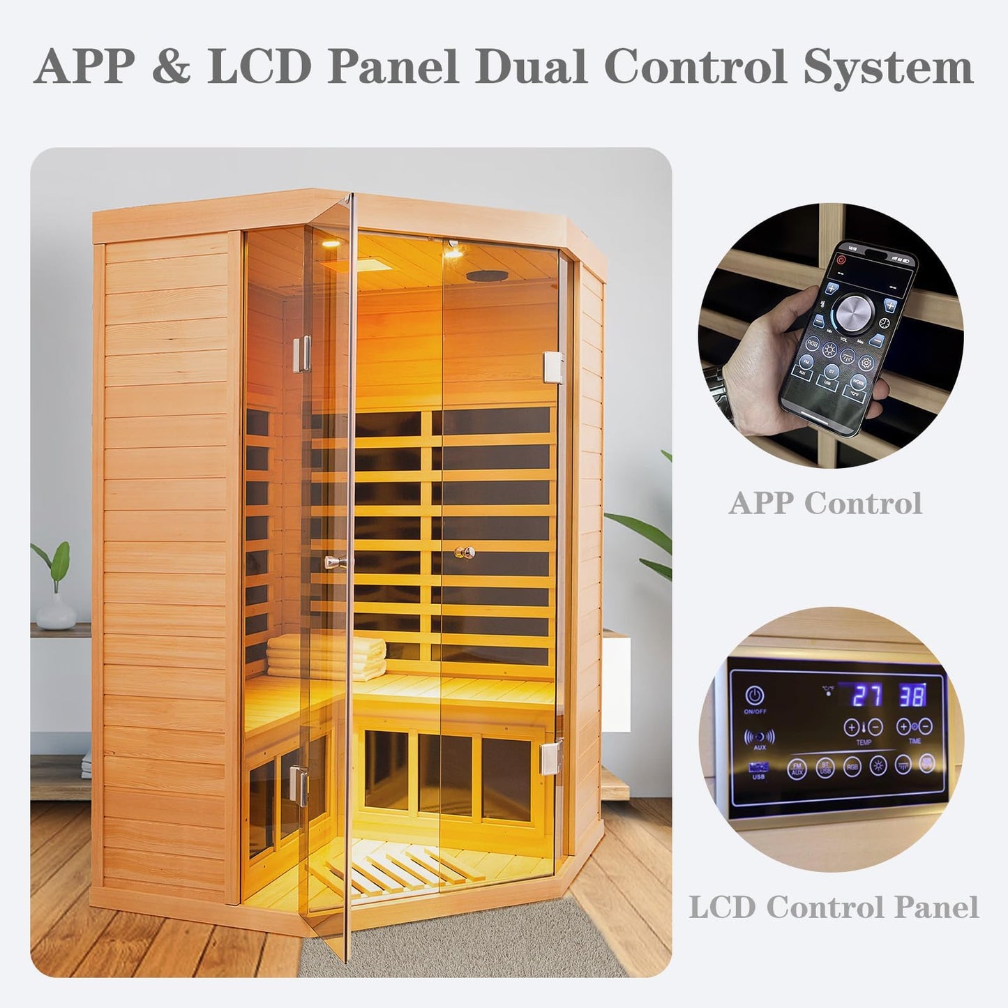 Smart Indoor Sauna 2-3 Person, 0-5mG Ultra Low Emf Far Infrared Sauna for Home, 1520w Hemlock Wooden Sauna Room with APP & LCD Control Panel, Bluetooth Speaker, Chromotherapy Lights, Thermal Cover