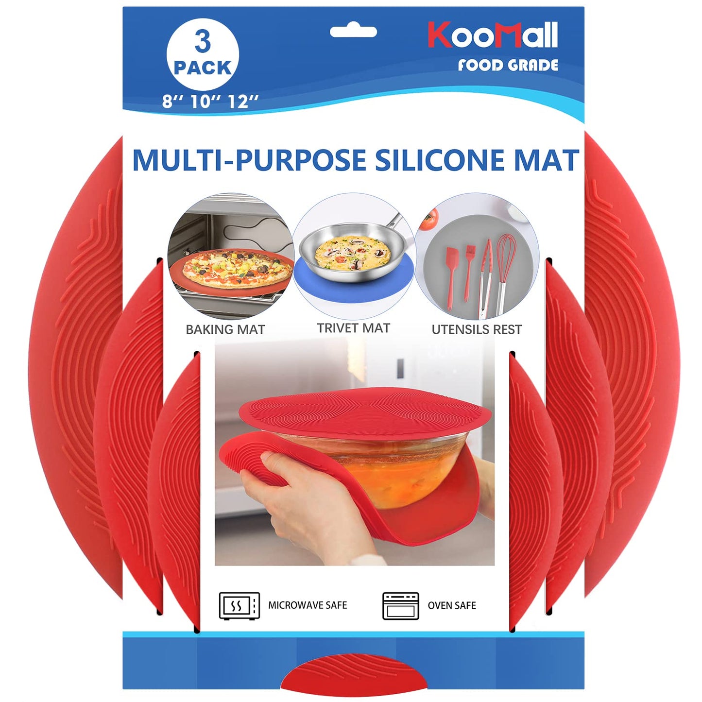 KooMall 12 10 8 Inch Multi-use Microwave Mat, Trivet, Pot Holders, Drying, Baking, Place Mat, Utensils Rest, Silicone Cover Pad for Hot Pot Pans Bowls Plates Dishes Kitchen Counter, Heat Resistant,Red