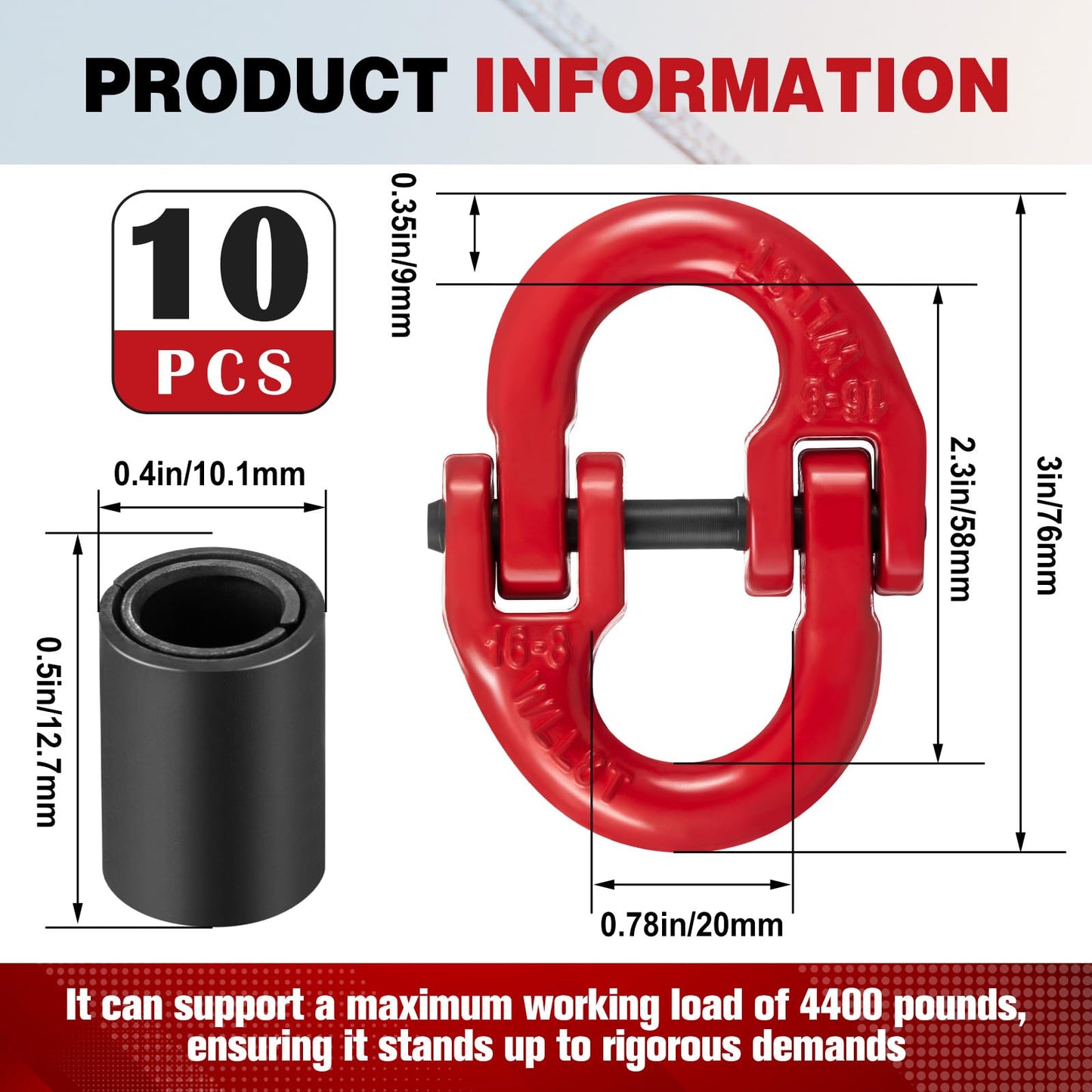 Otoolling 10 Pack 5/16” Alloy Steel Hammerlock Coupling Link Safety Chain Connector Link Red Painted Trailer Chain Adapter for Heavy Heavy Truck 4400 Lbs Working Load Limit