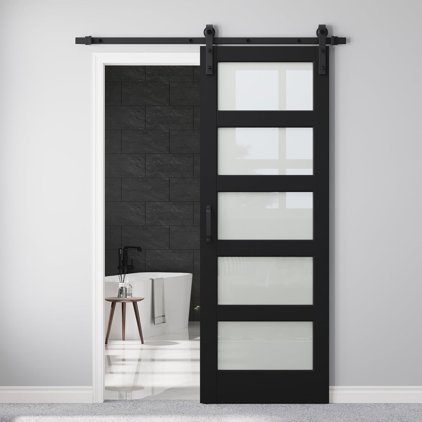 30" x 84" 5-Lites Frosted Glass Sliding Barn Door and Hardware Kit Included & 6FT Track & Handle, Easy Assembly for Mortise and Tenon Structure, Sturdy MDF Barn Door, Privacy Protection, Pre-Drilled