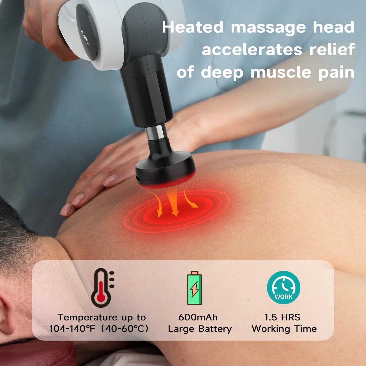 Massage Gun with Heat - Deep Tissue Percussion Massager for Pain Relief, 12mm Amplitude, 5 Speeds & 8 Attachments, Ideal for Muscle Recovery, Back Shoulder Leg - Gift for Athletes, Men, Women, White
