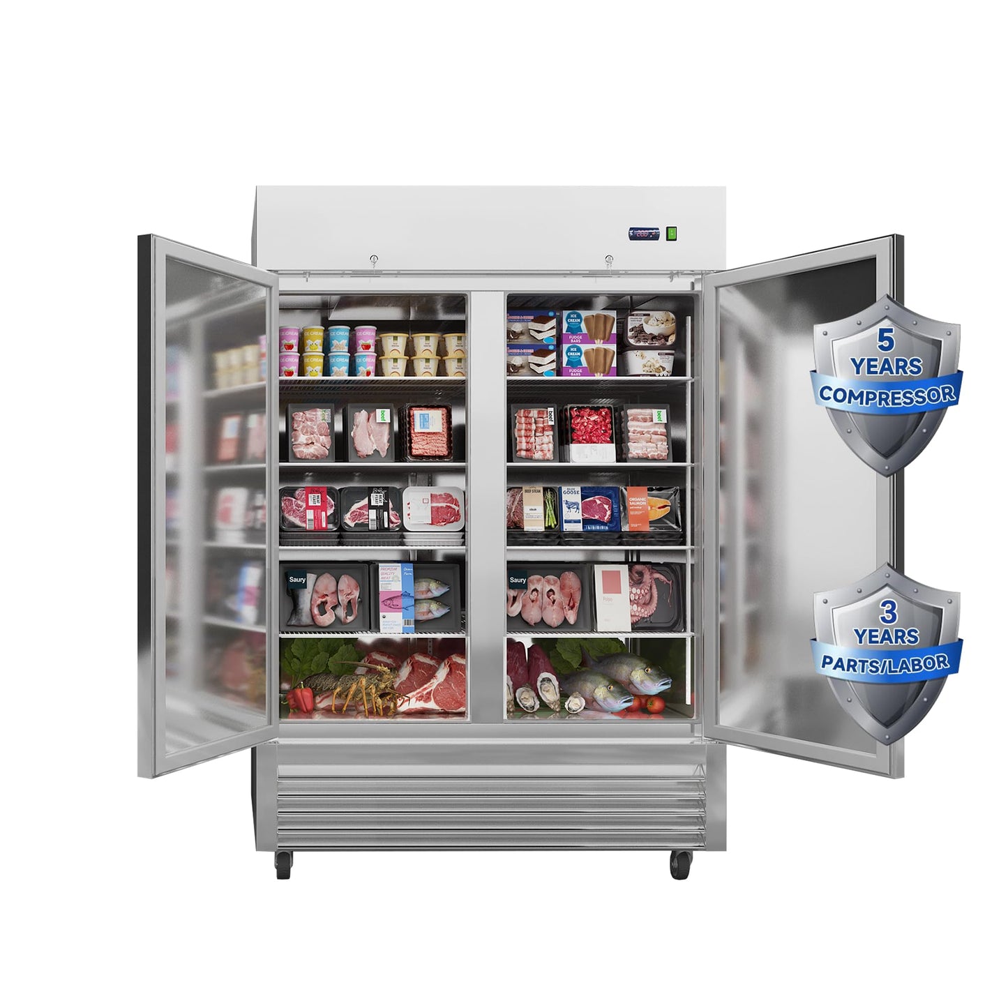 JINSONG 54" Commercial Freezer, 49 cu.ft with 2 Solid Door Stainless Steel Reach-in Freezer for Restaurant, Bar, Shop, Residential
