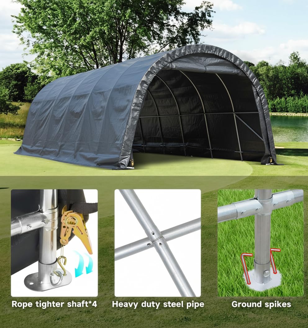 EROMMY 12 x 24 FT Heavy Duty Carport, Portable Garage with Reinforced All-Steel Frame and Round Style Roof, Anti-Snow All Covered Car Canopy Outdoor Waterproof Storage Shelter for Car, Truck, Boat