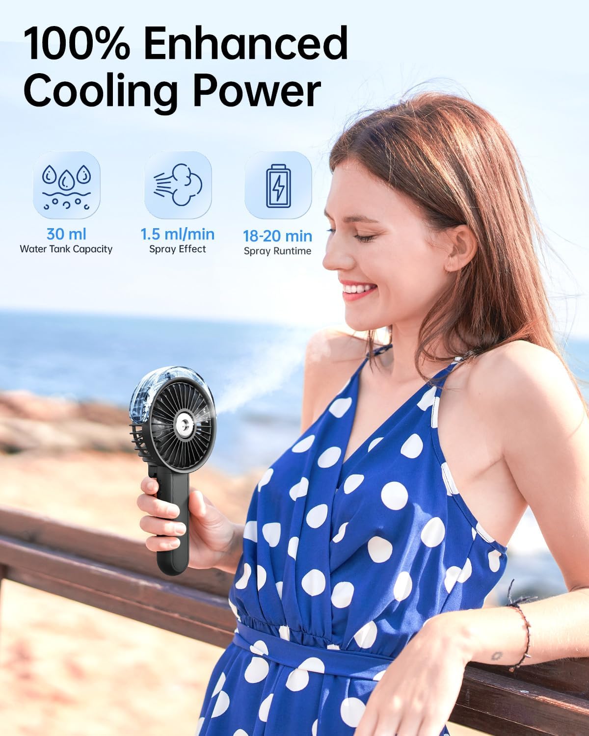Sweetfull Portable Misting Fan - 180° Foldable Handheld Fan with Mist Spray, USB Rechargeable, 3 Speeds