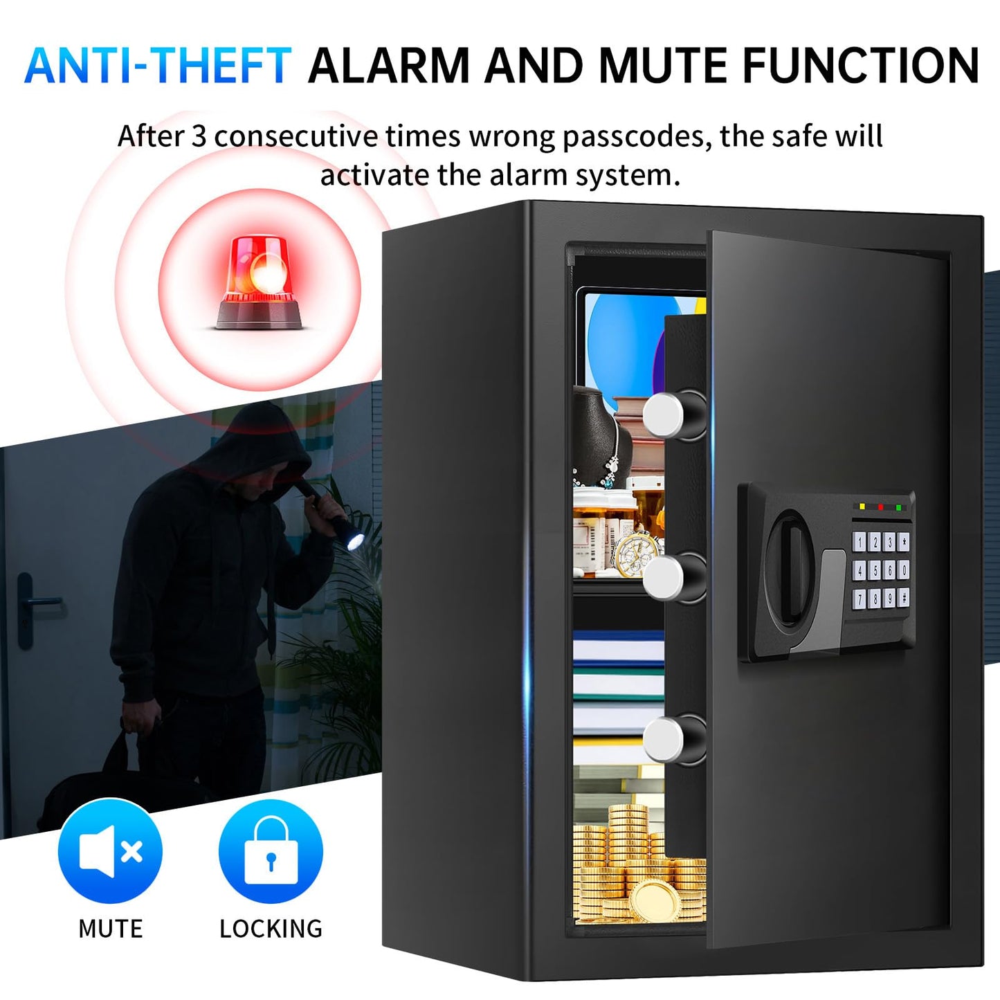 3.3 Cuft Large Fire Proof Safes for Home Use, Personal Fire Safe Box with Electronic Keypad and Spare Key, Removable Shelf, Digital Home Safe Fireproof Waterproof for Cash Documents Valuables