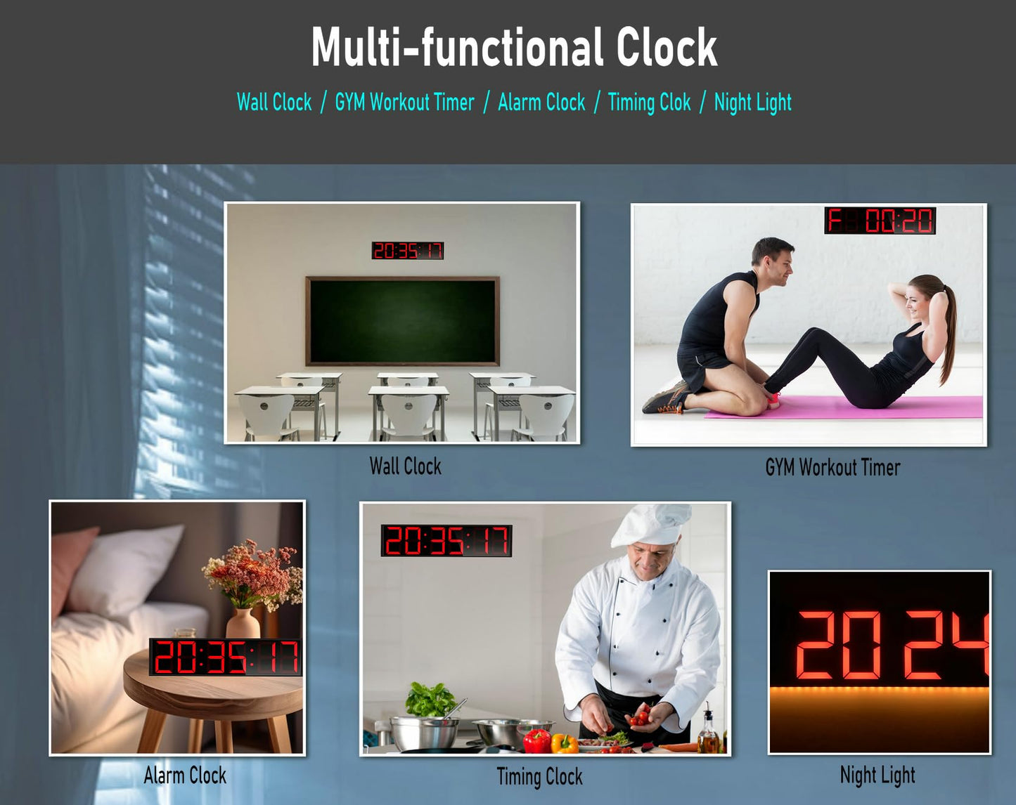 Boyiit 26'' Extra Large Home Gym Timer Clock, Programable Workout Interval Timer, Digital Wall Clock, with 7-Color Night Light, 8 Alarm Clocks, Calendar/Temperature, Countdown & Stopwatch (Red)